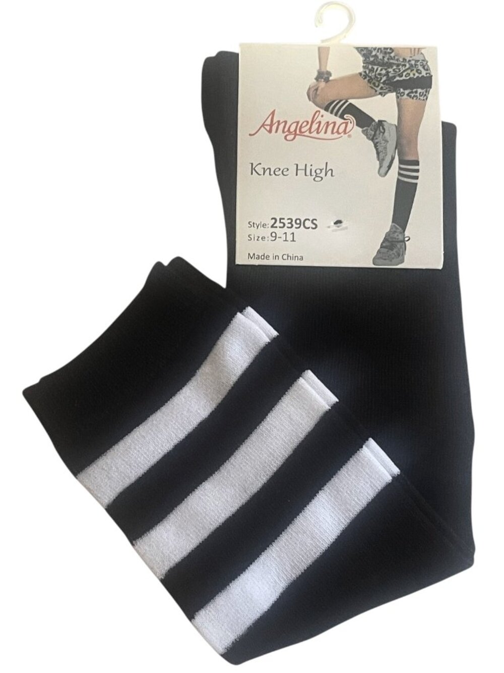 Angelina Black and White Stripe Athletic Knee High Socks 9-11 - Picture 2 of 7